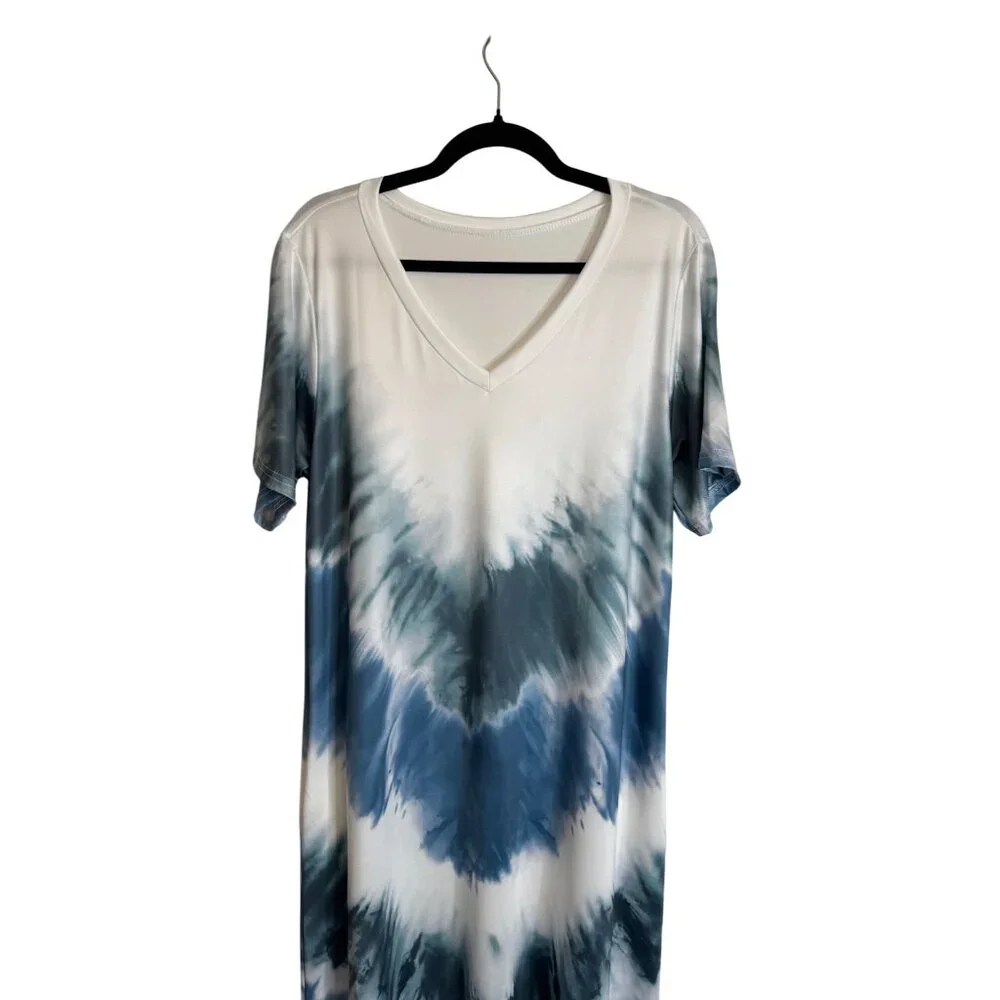 Boho M Tie-Dye Blue Beach Swim Coverup Maxi Dress V-Neck Short Sleeve Blue/White